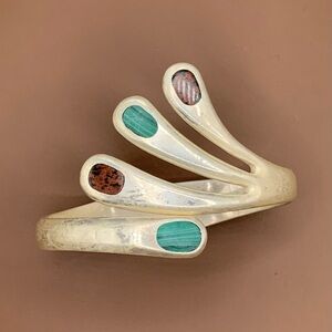 Mexican Tazco silver Malachite & Coral vintage hinged cuff 9.25 sterling stones